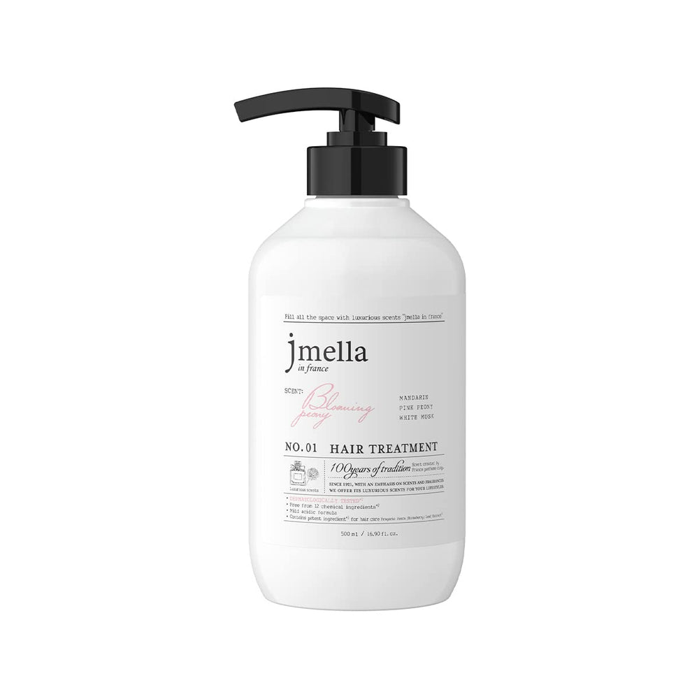 jmella Blooming Peony conditioner bottle highlights luxurious fragrance for daily hair care.
