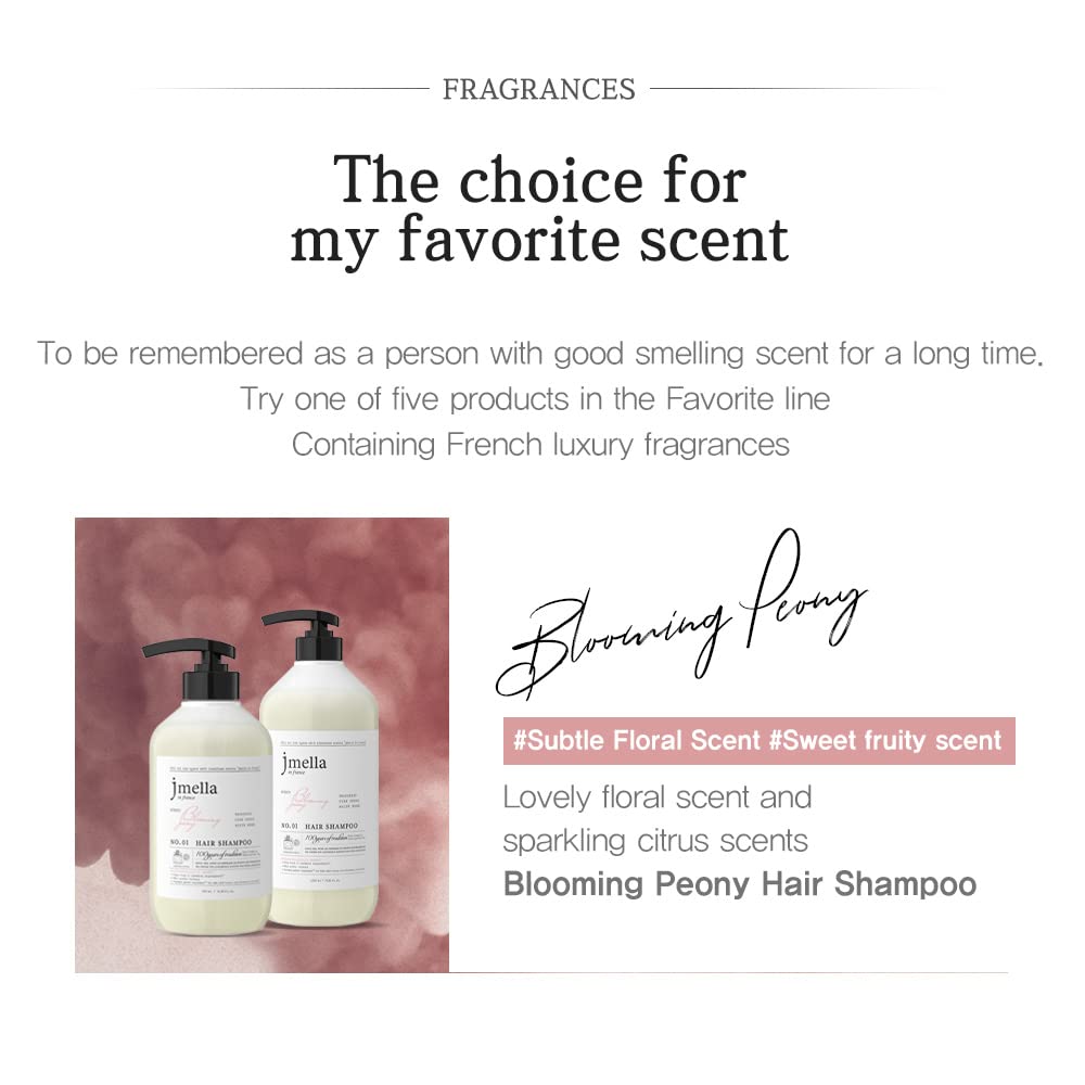 JMella Blooming Peony Shampoo close-up of ingredients featuring strawberry leaf extract for nourishment