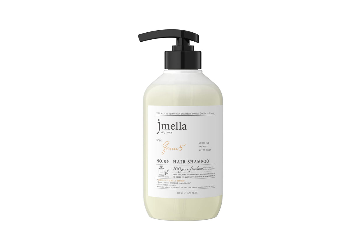 JMella Queen5 Shampoo bottle front showcases premium packaging for daily luxury.