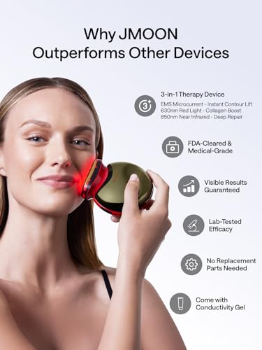 JMOON microcurrent facial device on counter showing portable toning for firmer skin.