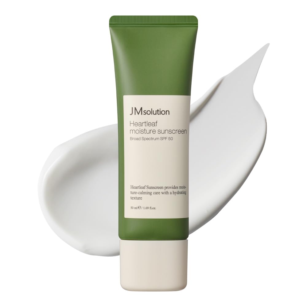 JMsolution Heart Leaf Sunscreen bottle emphasizing lightweight hydration and SPF 50 protection