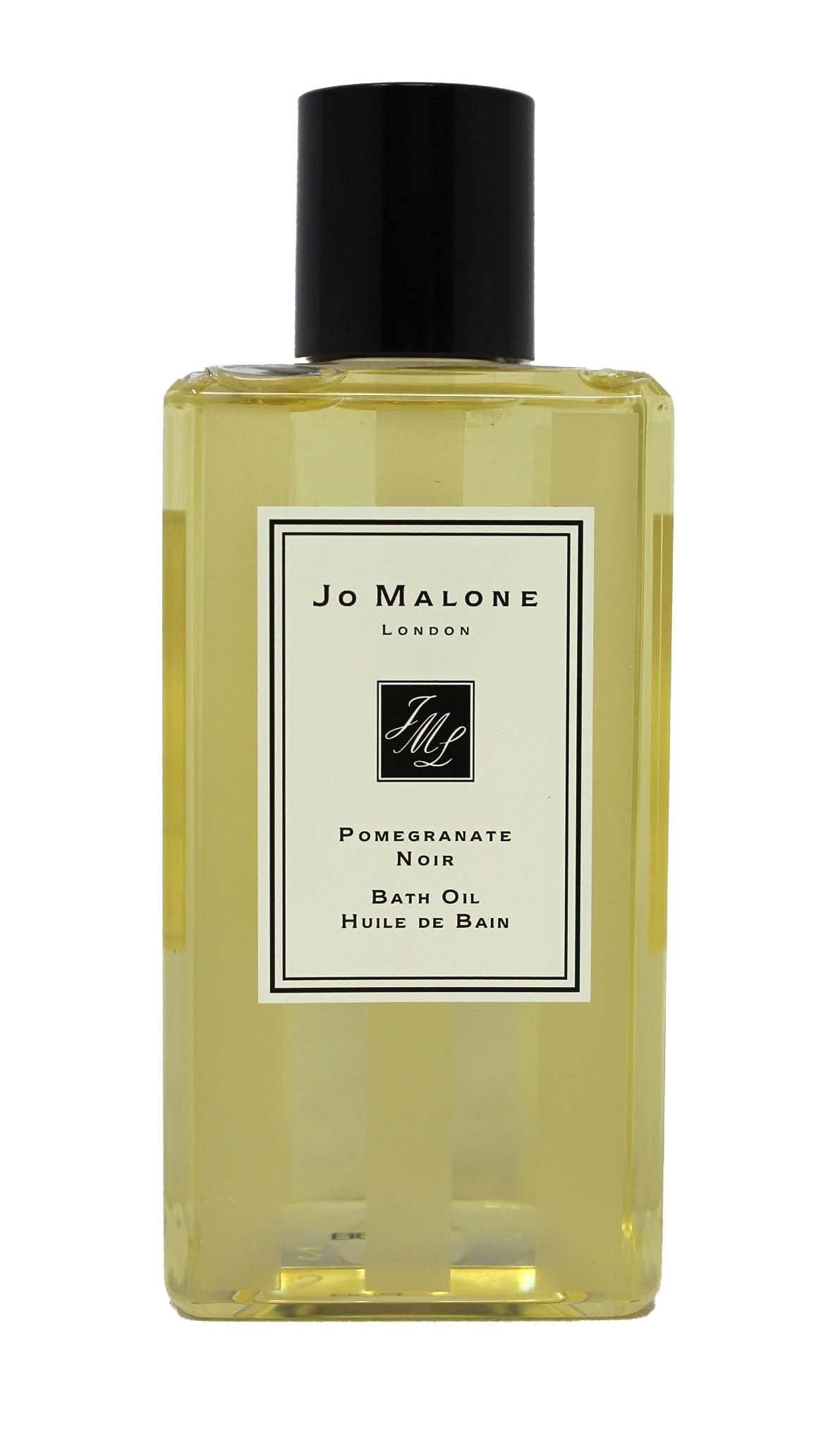 Jo Malone Pomegranate Noir Bath Oil bottle conveys luxury and long-lasting fragrance.