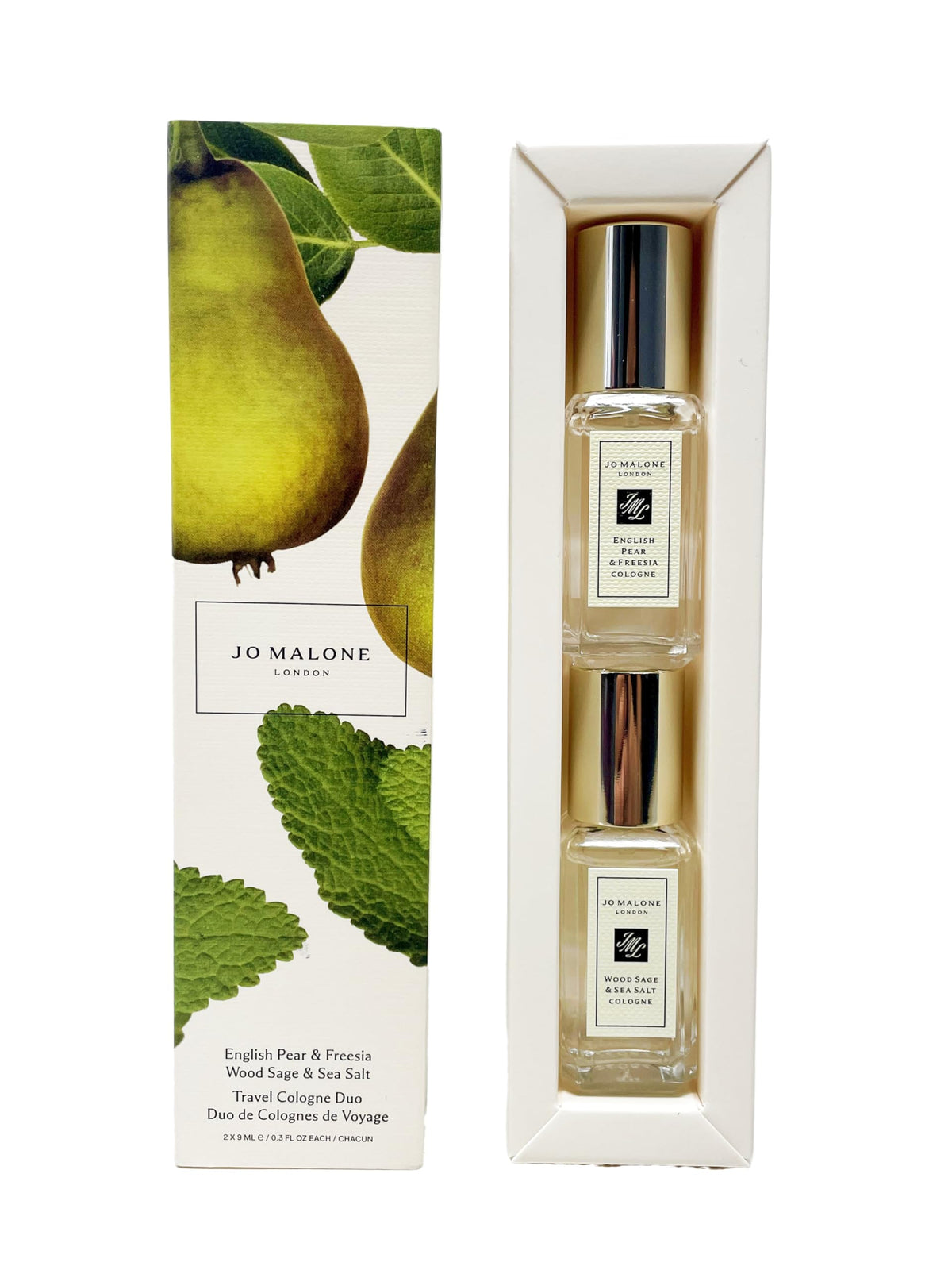 Jo Malone Travel Duo English Pear & Freesia bottle offers crisp fruit and floral notes on the go