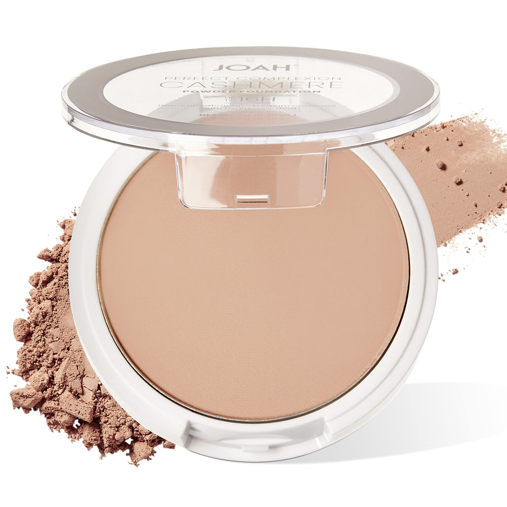 JOAH Perfect Complexion Cashmere Powder Foundation compact with mirror for on-the-go, long-wear touch-ups.