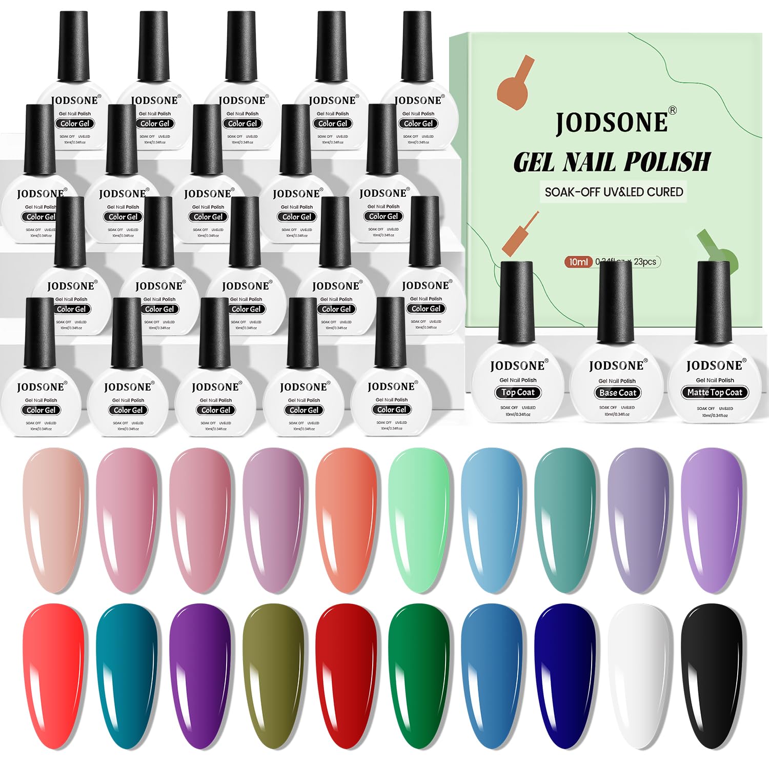 JODSONE 20-color gel nail polish swatches for versatile at-home manicures.