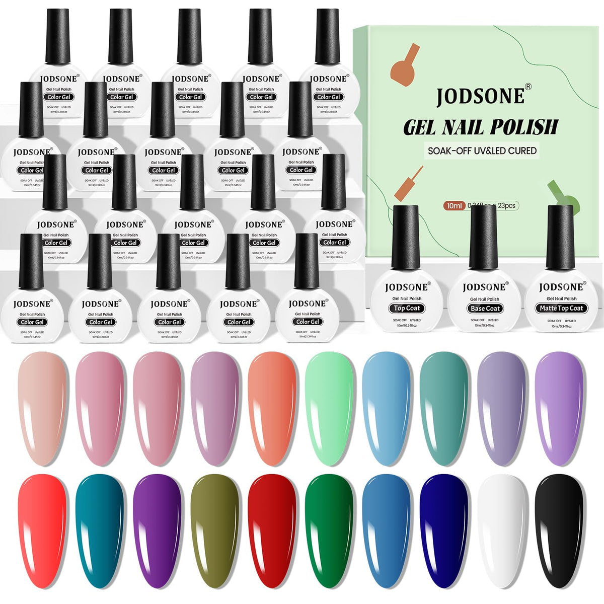 JODSONE 20-color gel nail polish swatches for versatile at-home manicures.