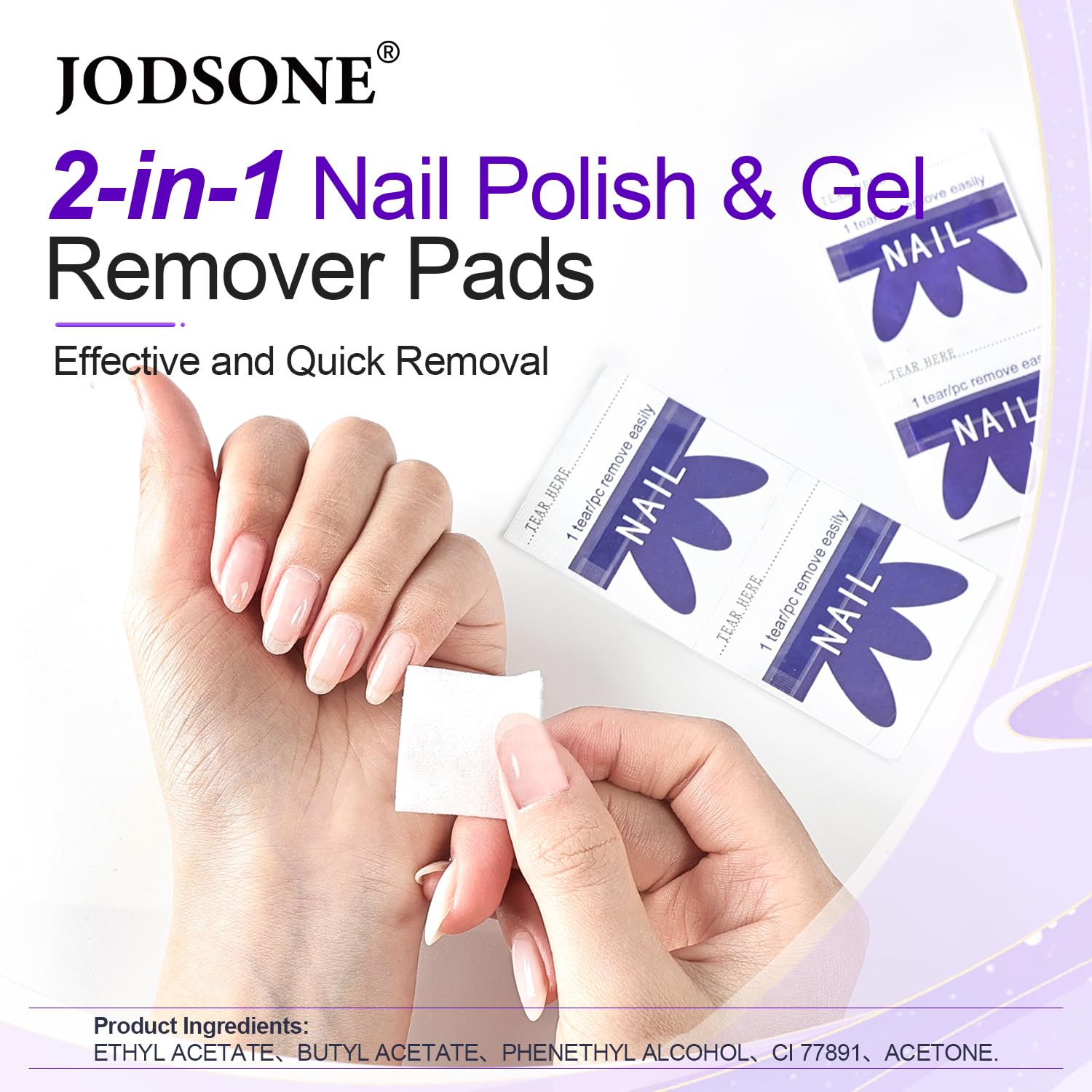 JODSONE 2-in-1 gel and regular removal pads with moisture-preserving foil.