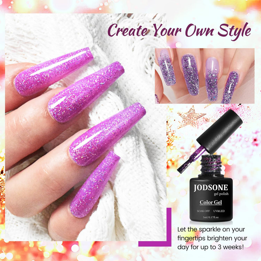 JODSONE at-home nail design scene with glitter gels.