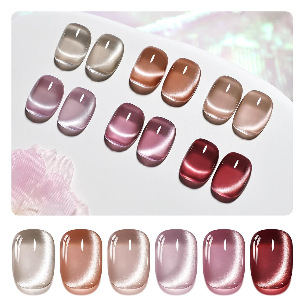 JODSONE Cat Eye gel polish set in red-brown hues for at-home glamorous nails.