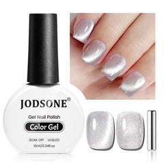 JODSONE cat-eye silver gel polish with magnet for a striking manicure.