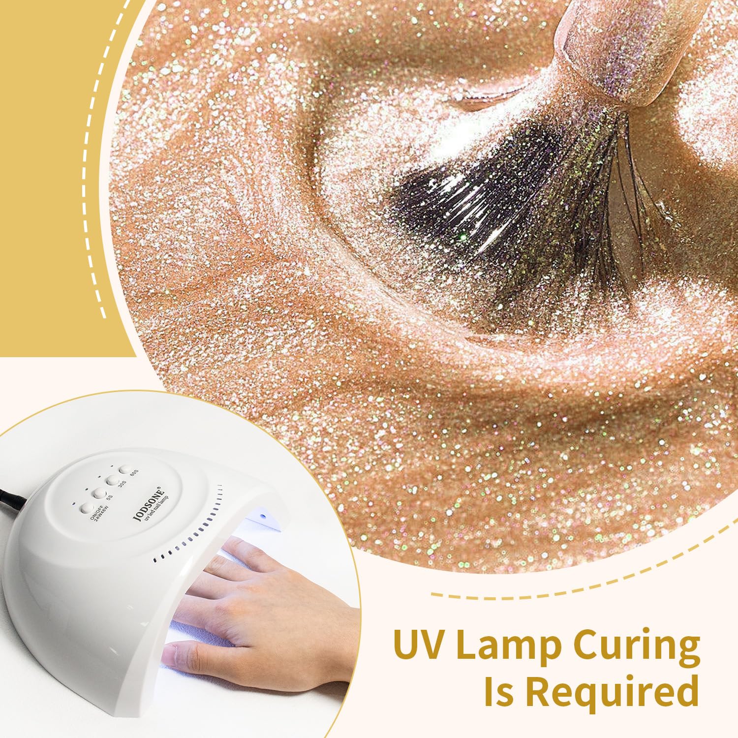 JODSONE champagne gold glitter gel with brush ready for quick application
