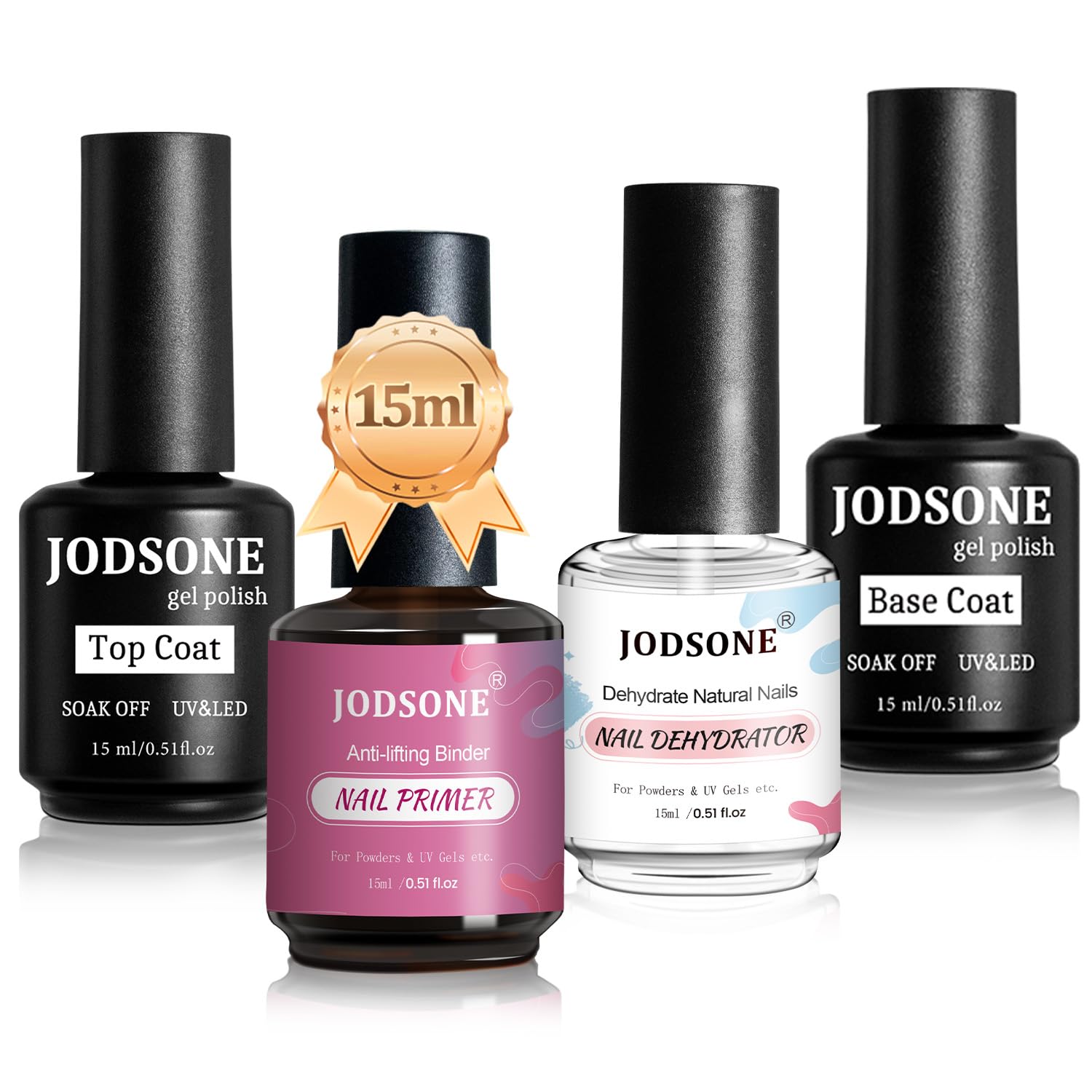 JODSONE four-bottle nail care set with dehydrator, primer, base coat, and top coat for versatile manicures.