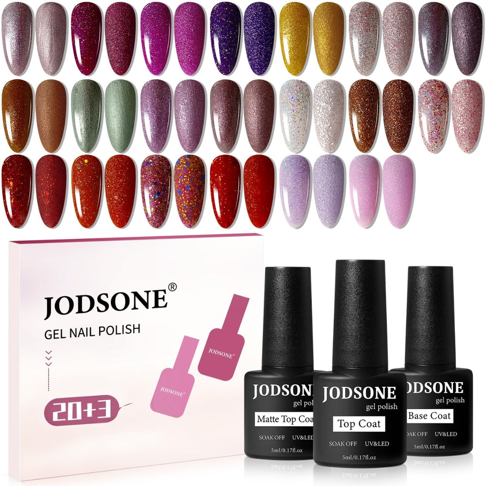 JODSONE glitter gel set with 20 colors for DIY nails, vivid sparkle and long-lasting shine.