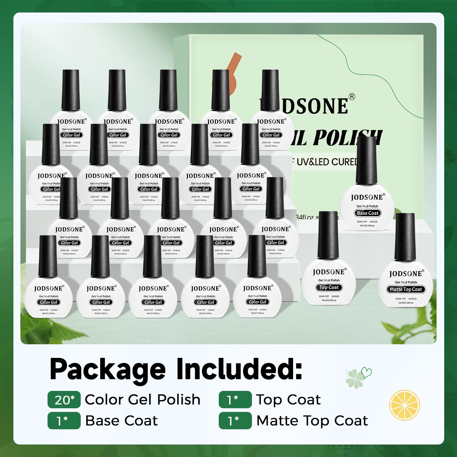 JODSONE glossy top coat bottle for lasting shine.