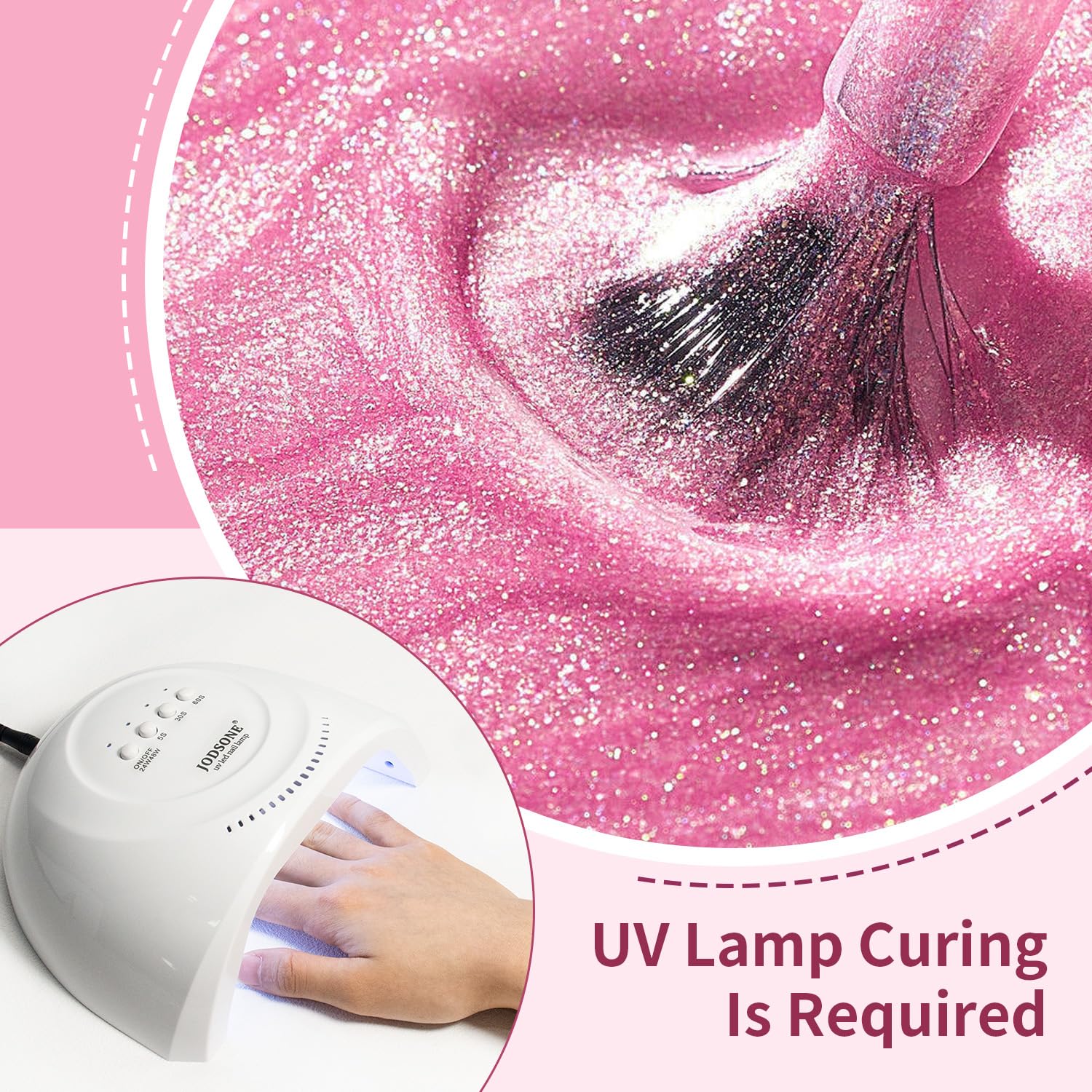 JODSONE manicure example with pink glitter for bold style.