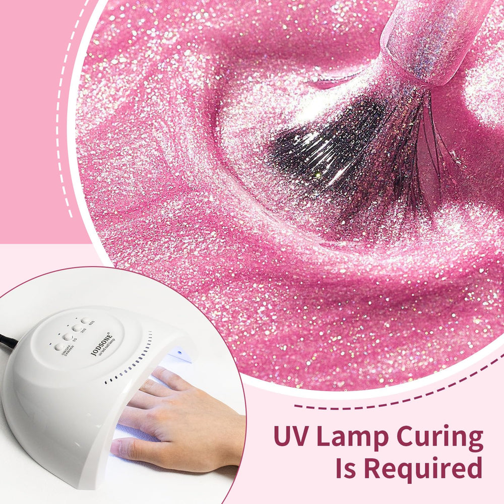 JODSONE manicure example with pink glitter for bold style.
