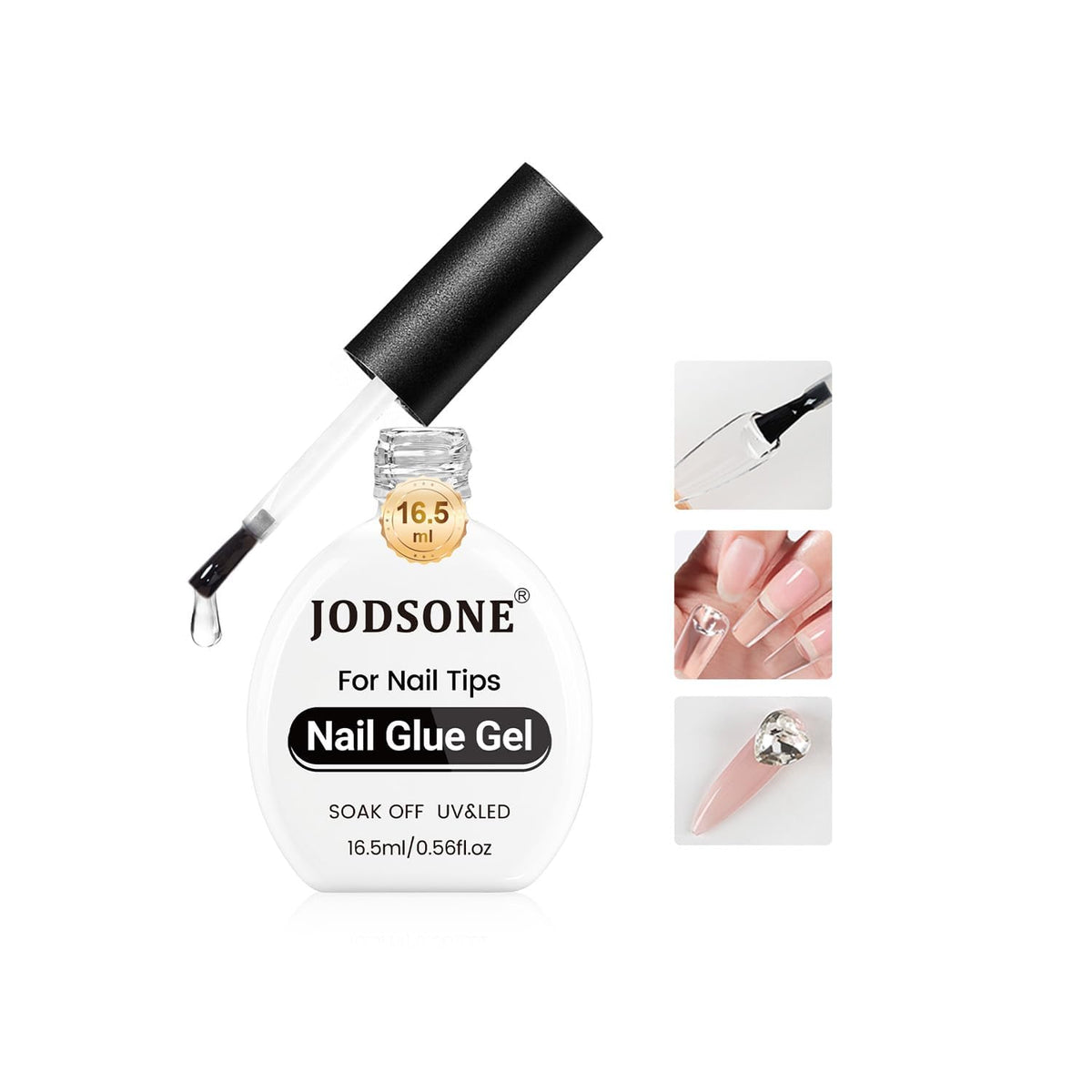 JODSONE nail glue gel clear 16.5ml bottle closeup for secure false nails.