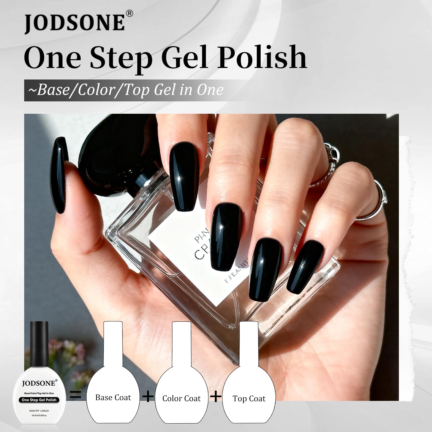 JODSONE one-step gel application demonstrates simplified manicure with two thin layers.