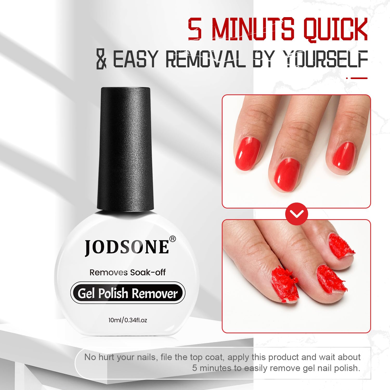 JODSONE 10ml remover ready for quick 3–5 minute gel polish removal.