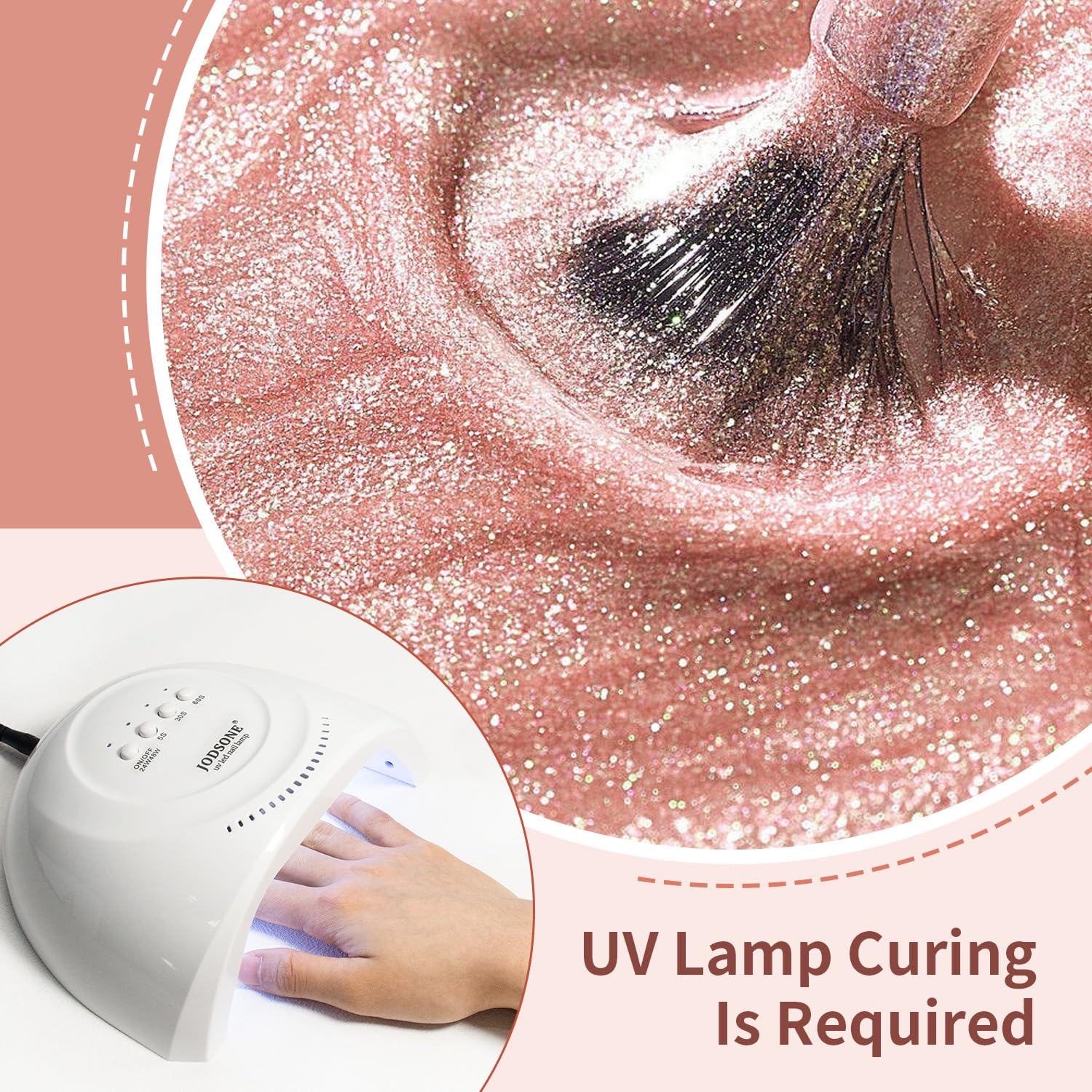 JODSONE rose gold glitter cap close-up with easy glide brush.