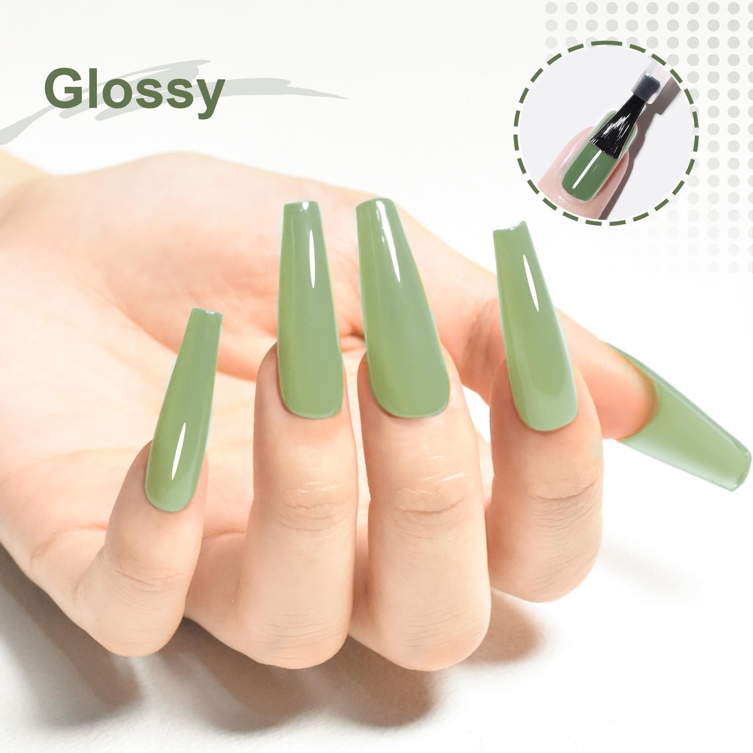 JODSONE sage green gel nail on nails close-up shows glossy finish and smooth application.