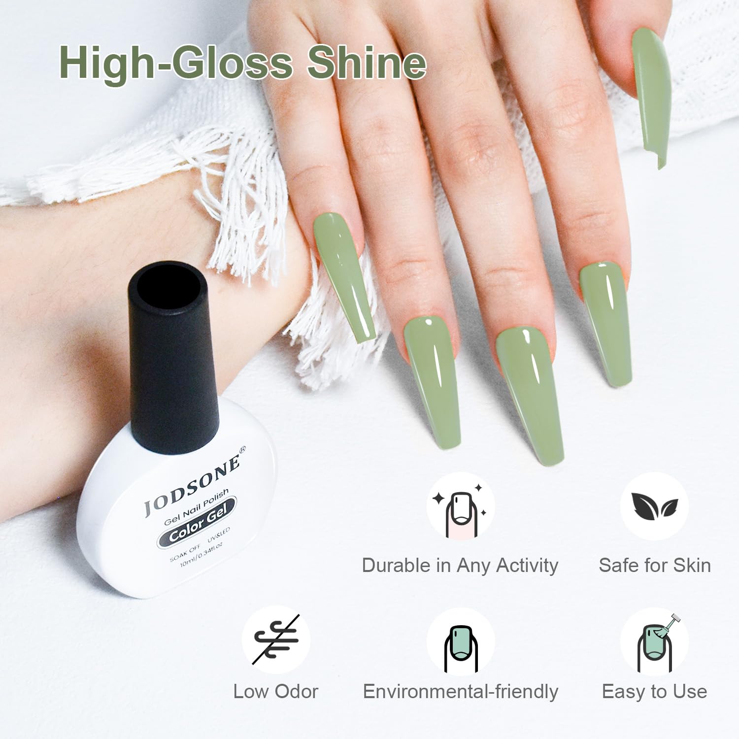 JODSONE sage green gel nail polish remove-ready option with gentle formula.