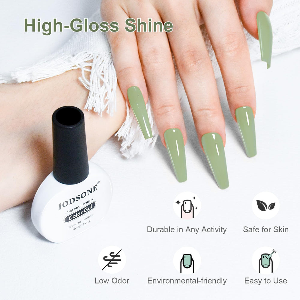 JODSONE sage green gel nail polish remove-ready option with gentle formula.