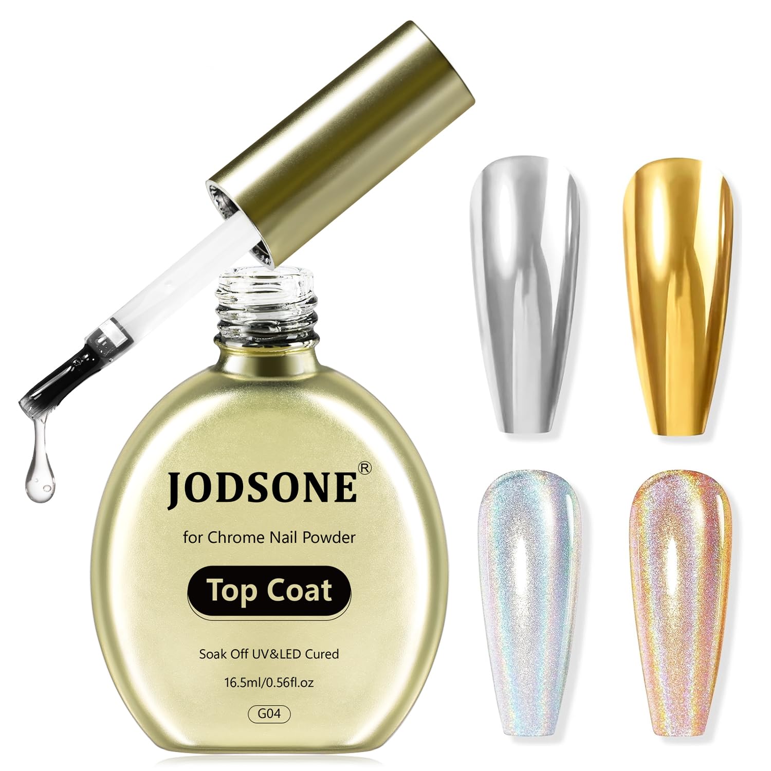 JODSONE Top Coat chrome bottle pour enables precise application for a smooth chrome finish.