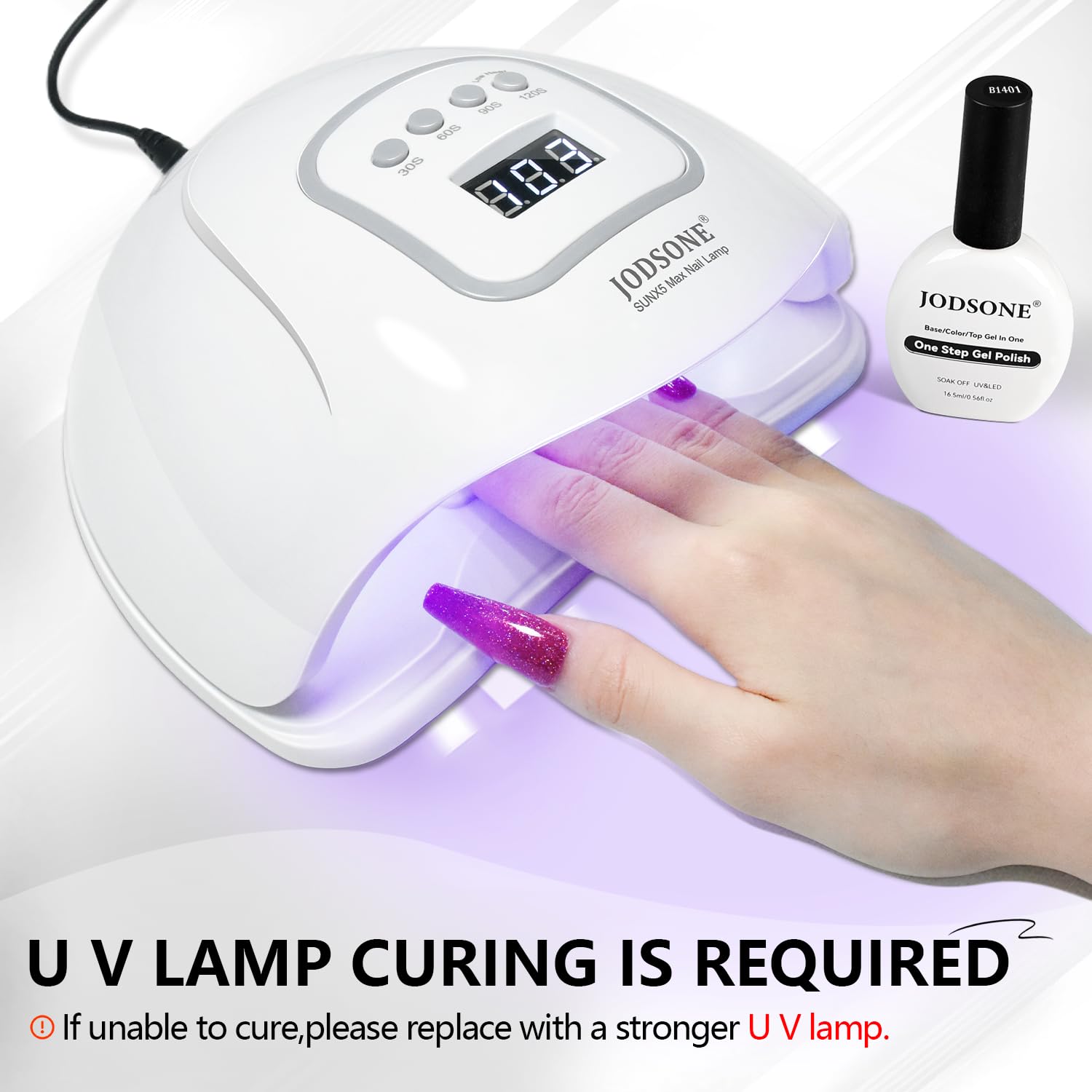 JODSONE gel polish bottle curing in UV lamp in about 60 seconds.