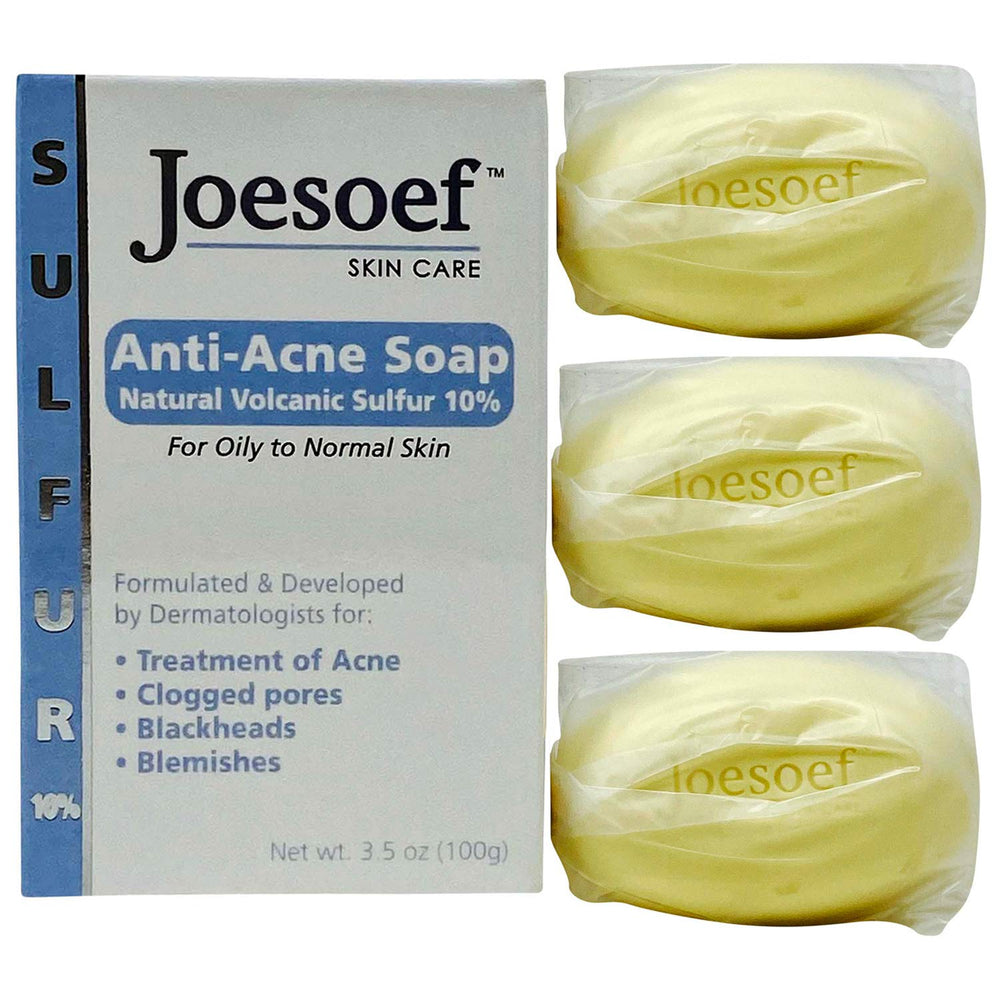 JOESOEF anti-acne soap on a bathroom shelf ready for routine cleansing.