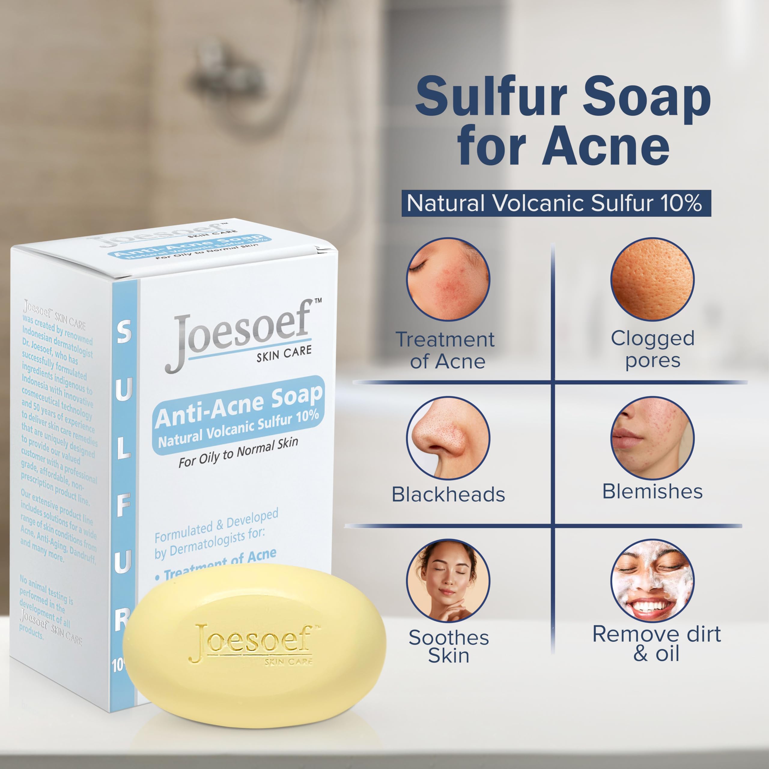 JOESOEF SKIN CARE sulfur soap ingredients close-up highlights antibacterial and exfoliating components