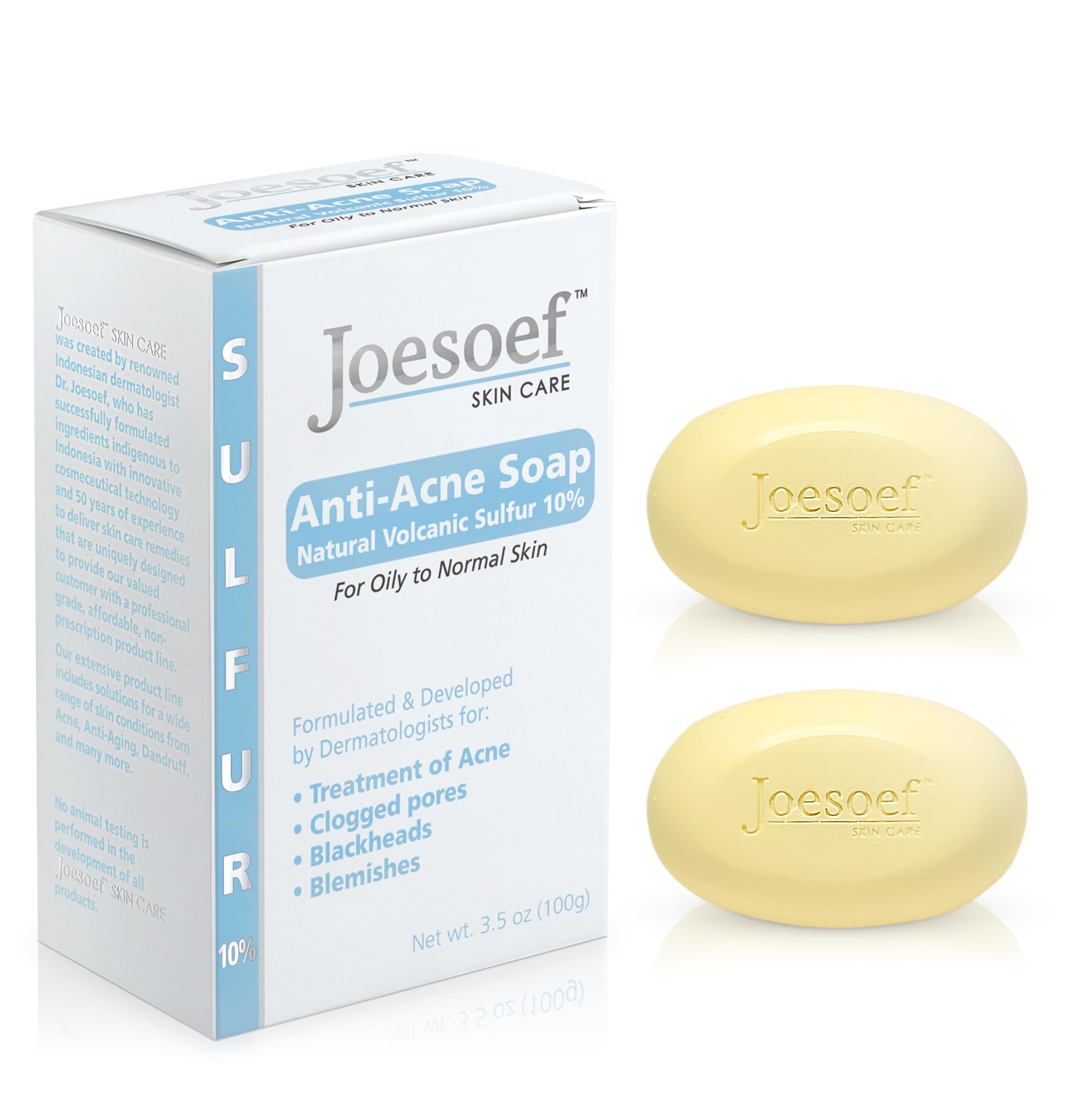 JOESOEF Skin Care sulfur soap bar showing a medicated formula for acne prone skin