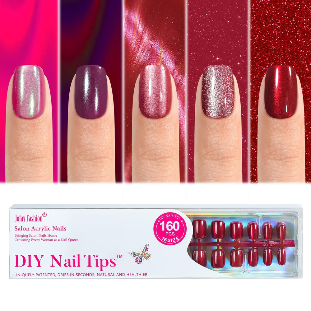 Jofay Fashion cat eye red nails in short square for a salon-like look