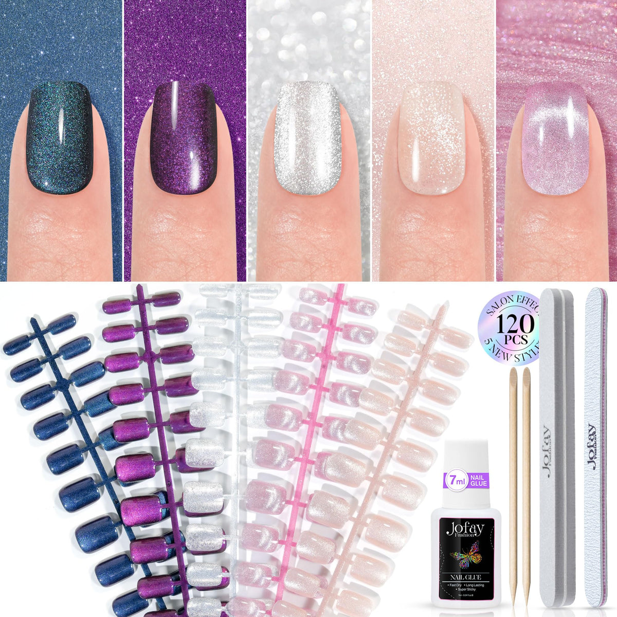 Jofay Fashion cat eye press-on nails in Glitter Galaxy for salon-like sparkle
