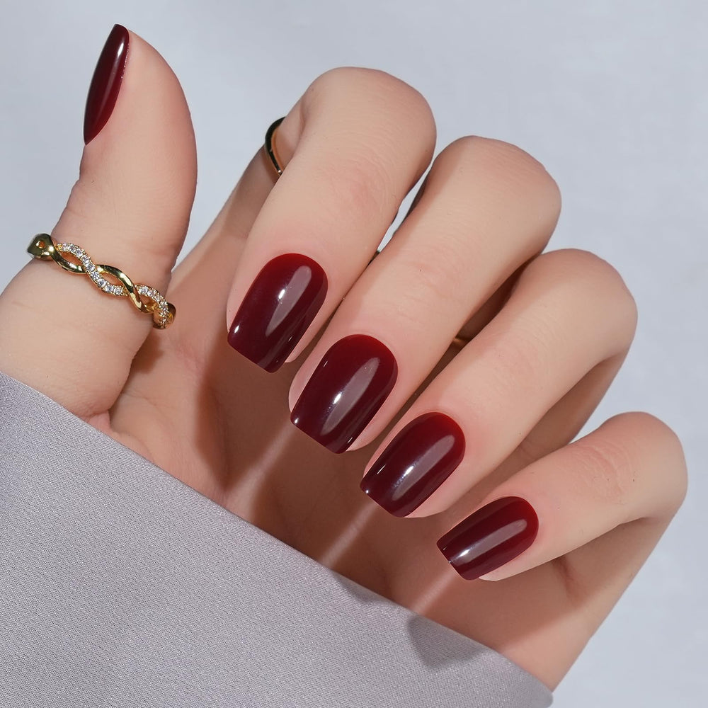 Jofay Fashion short wine-red press-on nails set for a quick home manicure.