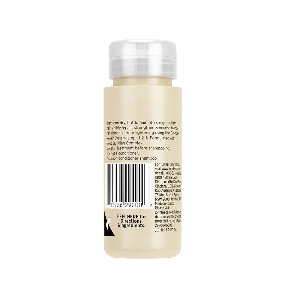 John Frieda Blonde+ Repair Pre Shampoo closeup highlights premium care for blonde hair