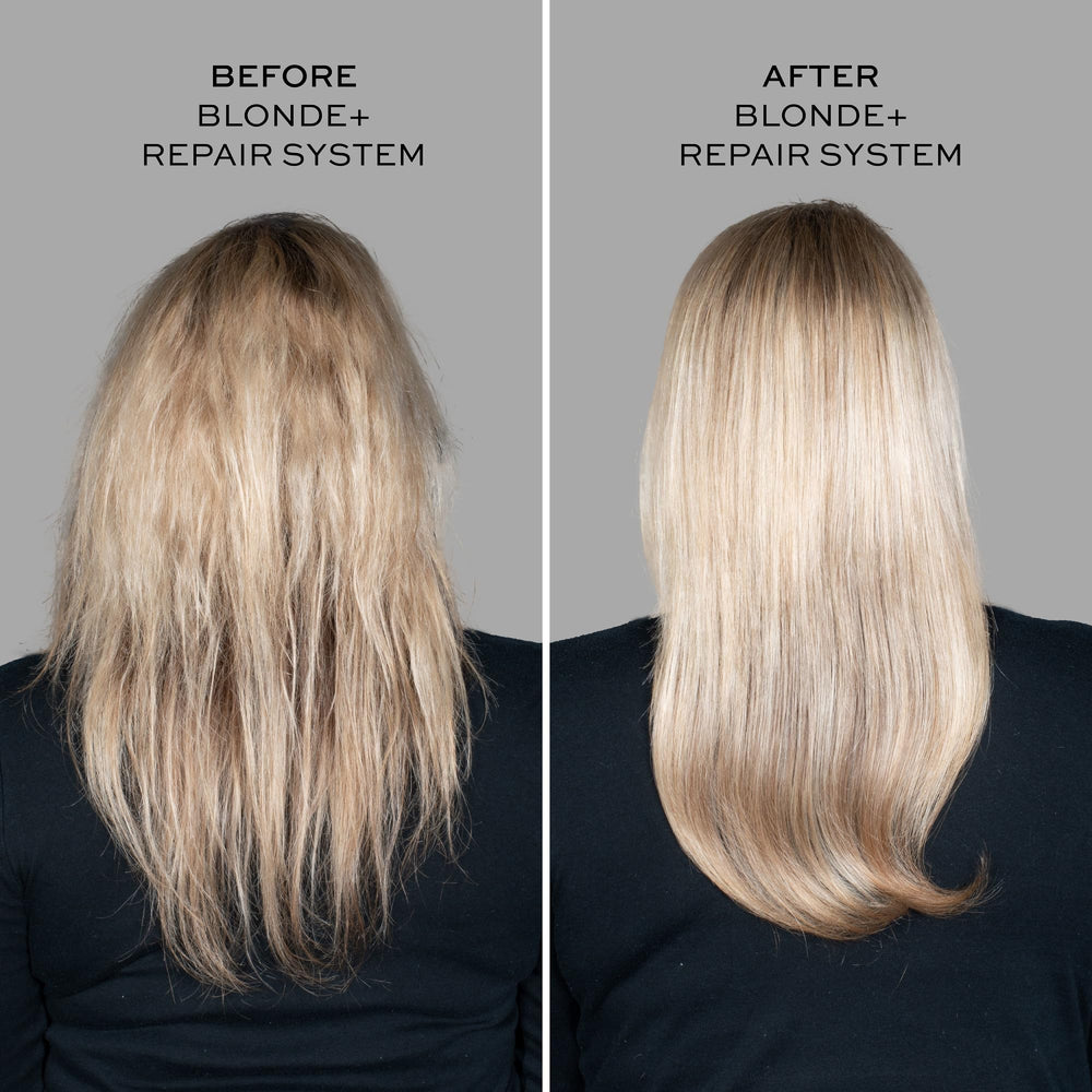 John Frieda Blonde+ Repair System shampoo depicts the three-step routine for blondes