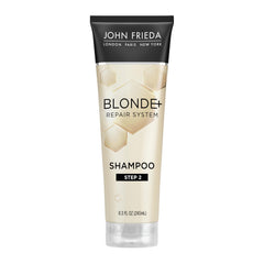 John Frieda Blonde+ Repair shampoo bottle front showing bond-building support for blonde hair