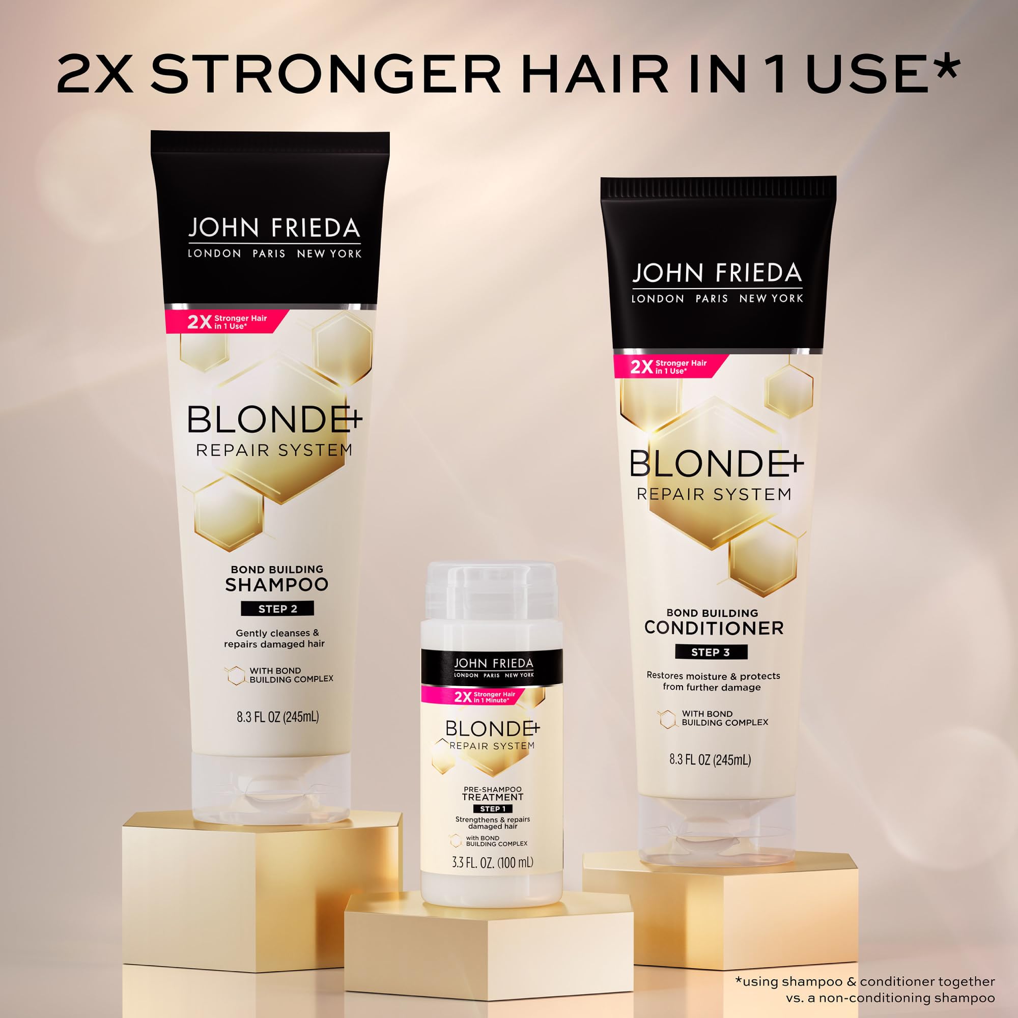 John Frieda Blonde+ Repair system with pre-shampoo treatment set as a complete routine