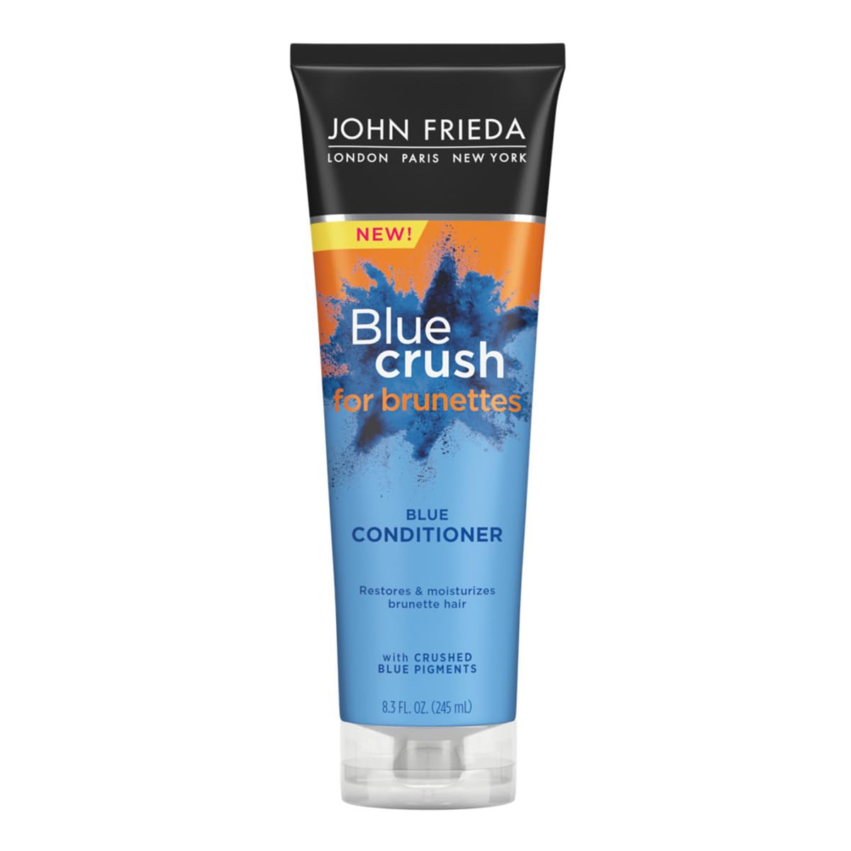 John Frieda Blue Crush conditioner bottle shows blue pigments for cooler brunette tones.