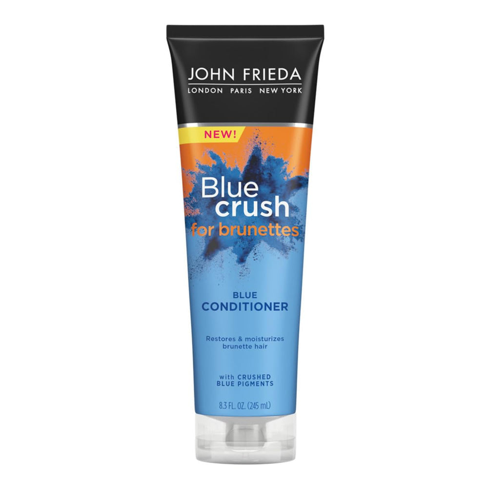 John Frieda Blue Crush conditioner bottle shows blue pigments for cooler brunette tones.