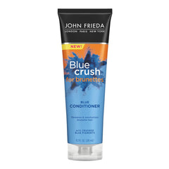 John Frieda Blue Crush conditioner bottle shows blue pigments for cooler brunette tones.