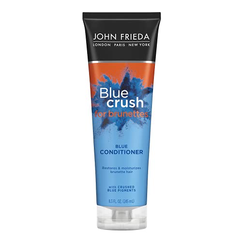 John Frieda Blue Crush conditioner bottle pump distributes even conditioning for brunettes.