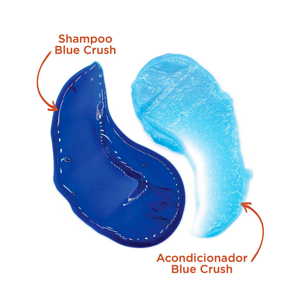 John Frieda Blue Crush hair strands show blue tint neutralizing brass and adding shine.
