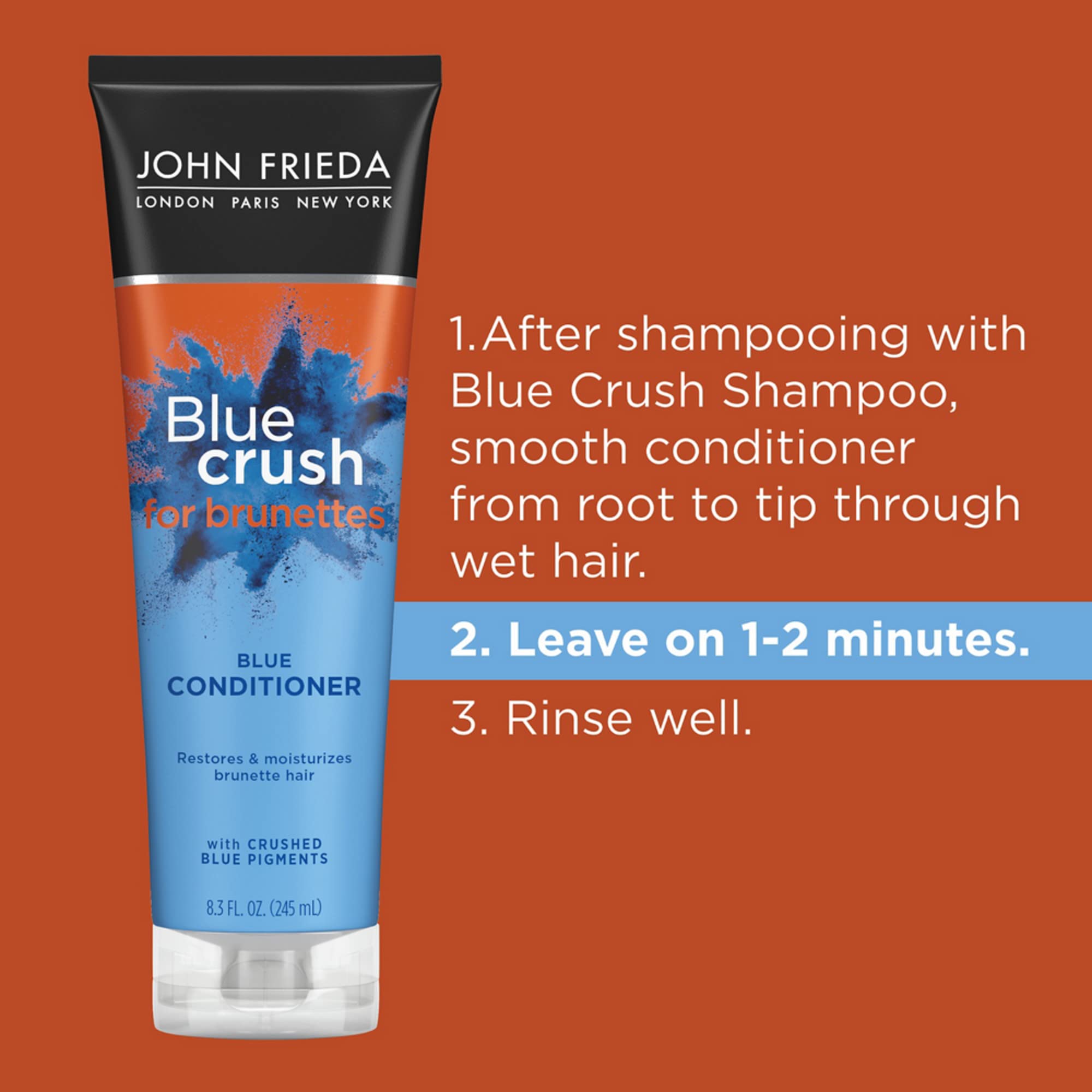 John Frieda Blue Crush sleek, shiny brunette hair after conditioning.
