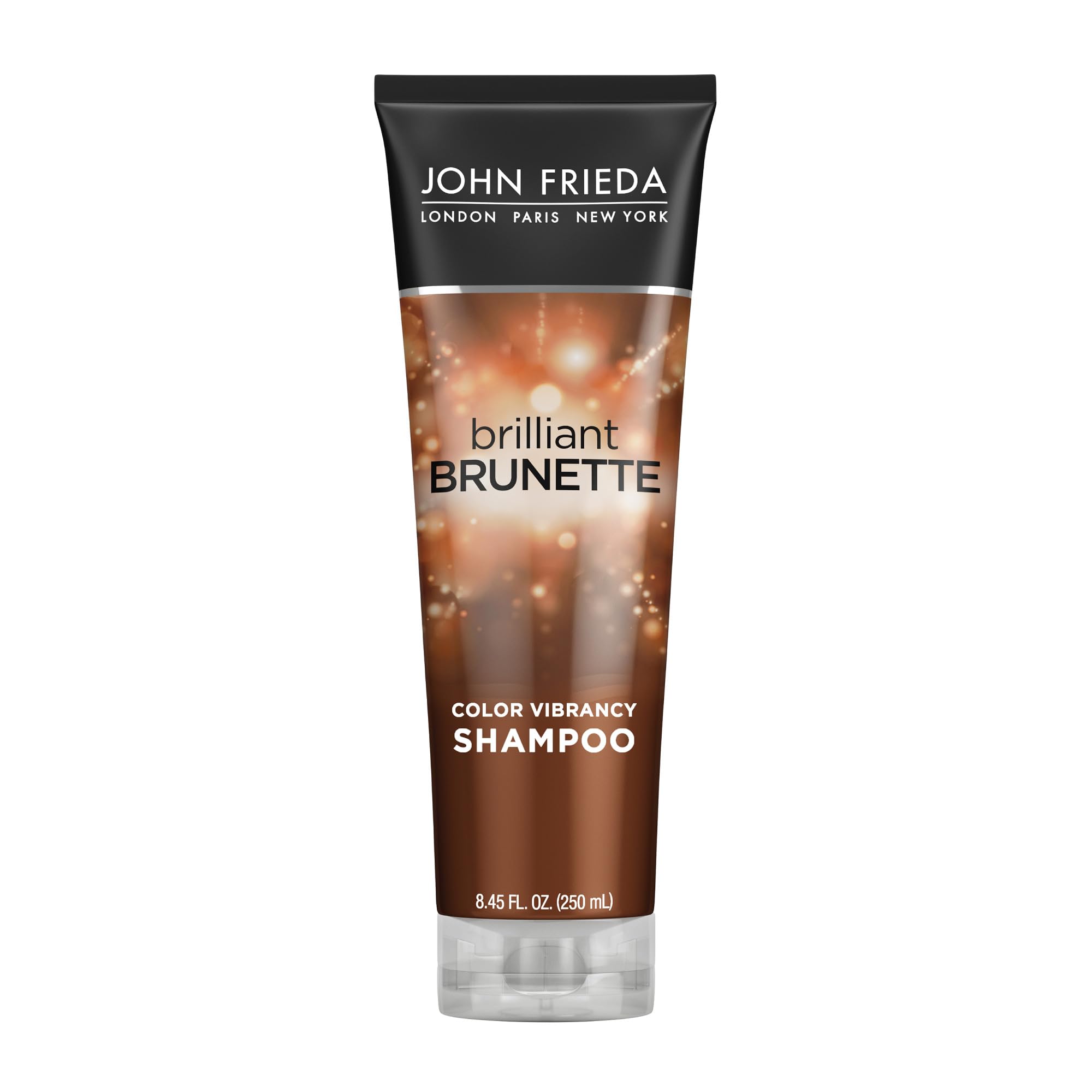 John Frieda Brilliant Brunette shampoo bottle front highlighting color protection.