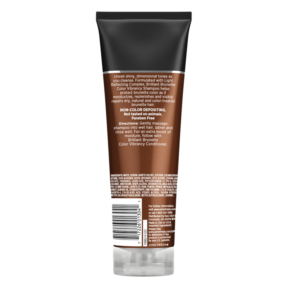 John Frieda Brilliant Brunette shampoo label emphasizing color protection.