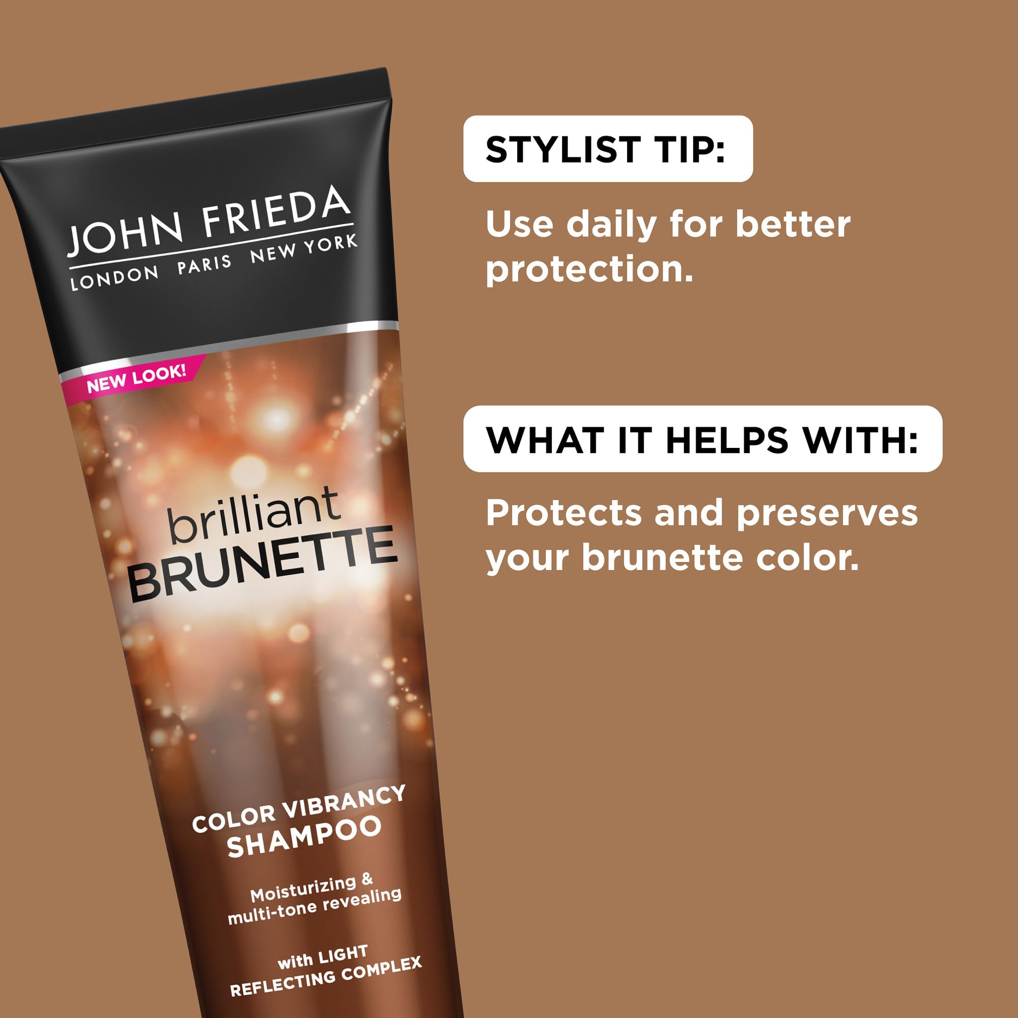 John Frieda Brilliant Brunette bottle being poured to show color protection.