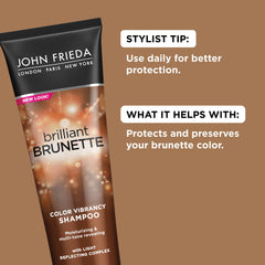 John Frieda Brilliant Brunette bottle being poured to show color protection.