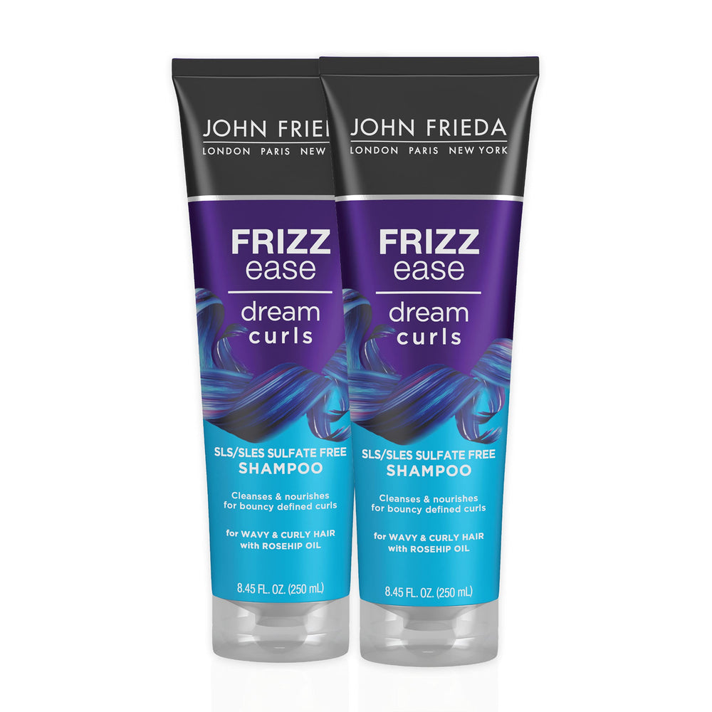 John Frieda Dream Curls Shampoo bottle front view highlighting frizz control.